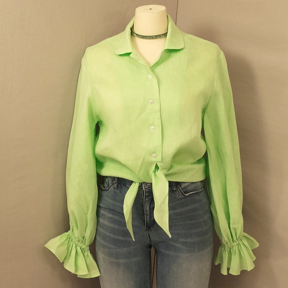 Lime Green 100% Linen Rumba Poet Crop Blouse by Sleepers Lounge Top Bright Shirt